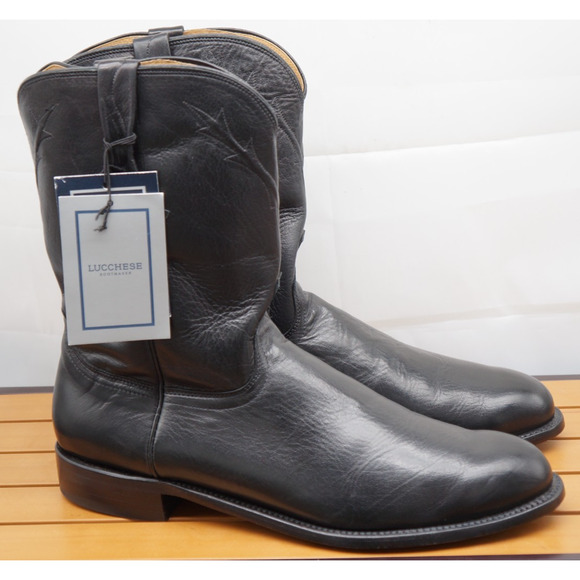 New! LUCCHESE Kennedy Roper Cowboy Boots Black Buffalo Leather Size 15 D $745 - Picture 1 of 13